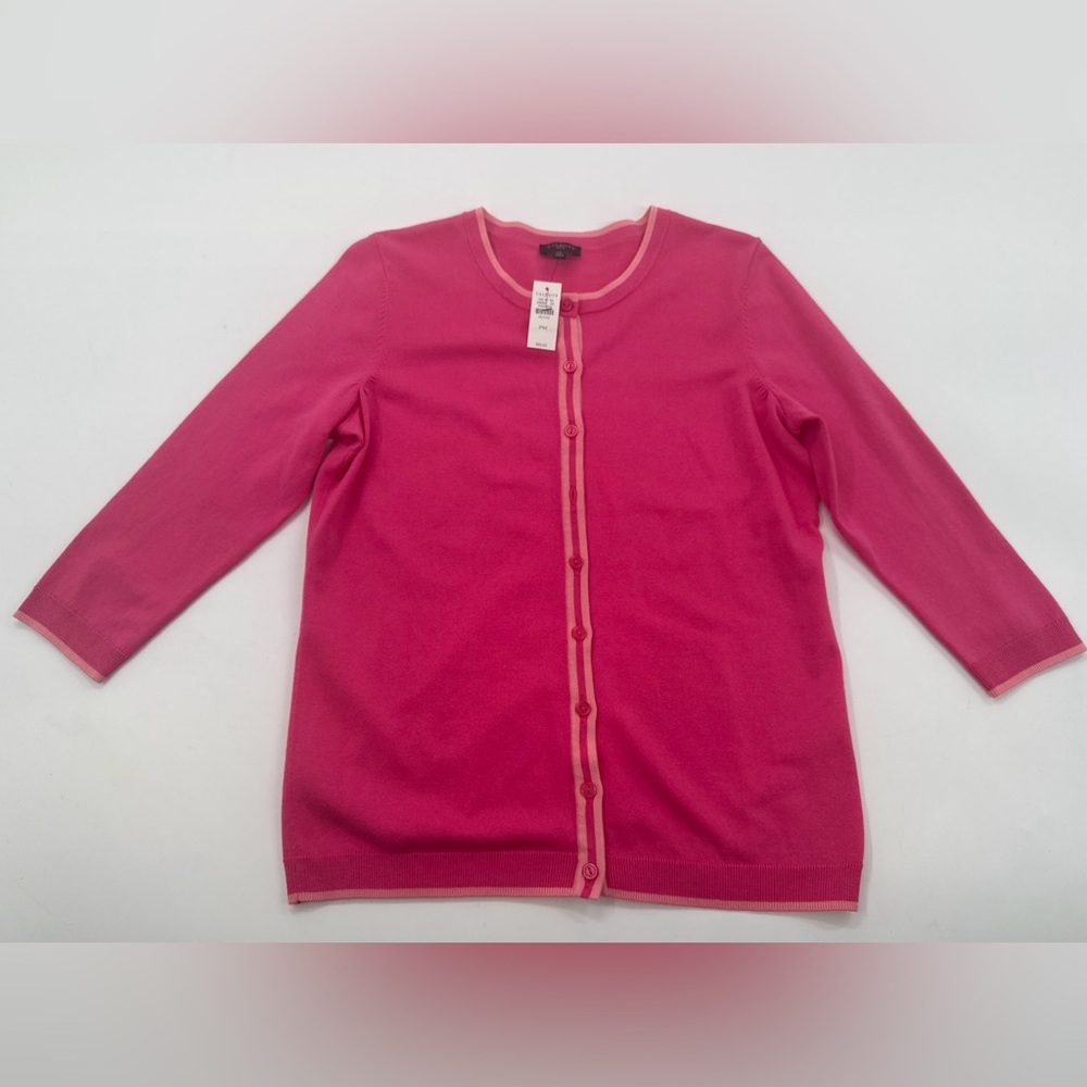 Talbots Womens Cardigan Sweater Medium Pink Piping 3/4 Sleeve Button Spring NEW